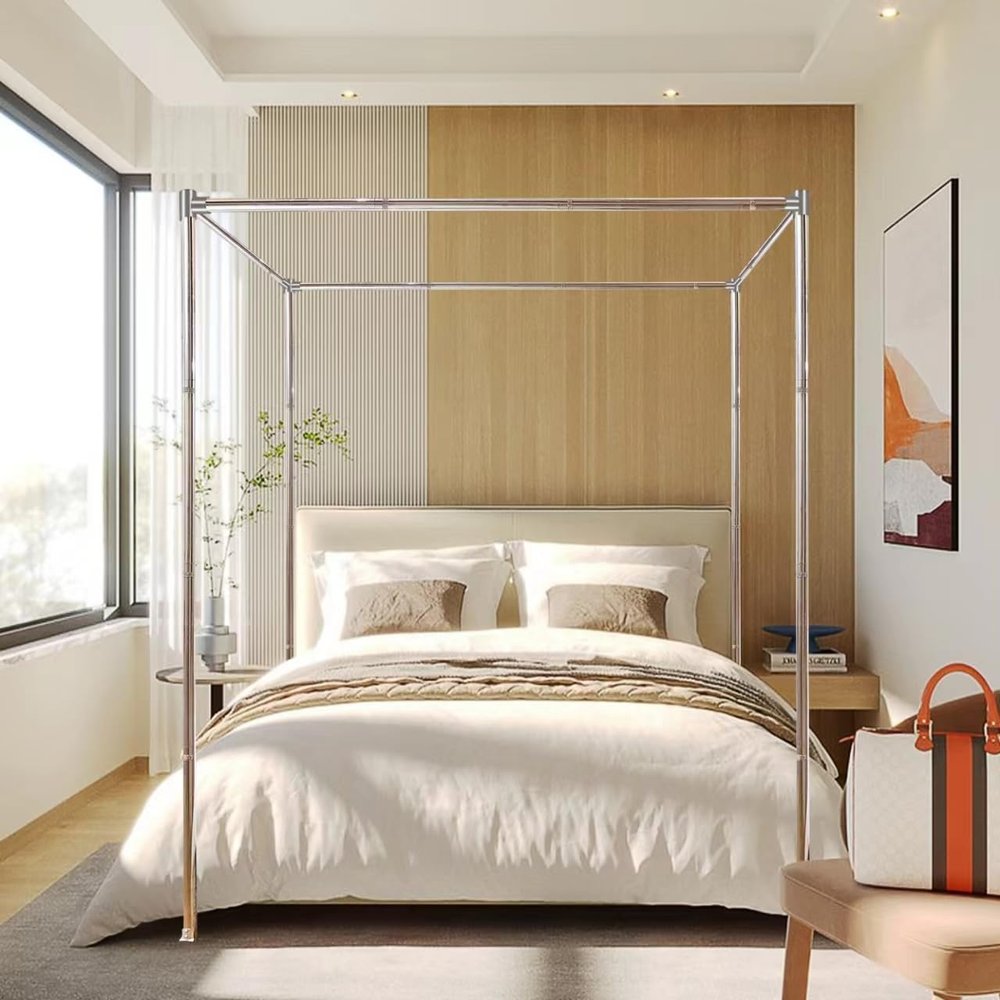 Mosqutent King Size Canopy Bed Frame with Stainless Steel Poles and Bedroom Decor Bracket