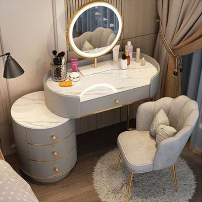 KWOKING LED Dimmable Lighted Mirror Makeup Counter Bedroom Makeup Vanity Desk Table with Drawers Dressing Table Apartment Makeup Table Bedside Cabinet Grey with a Wingback Stool 39" L x 16" W x 31" H