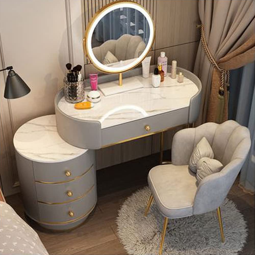 KWOKING LED Dimmable Lighted Mirror Makeup Counter Bedroom Makeup Vanity Desk Table with Drawers Dressing Table Apartment Makeup Table Bedside Cabinet Grey with a Wingback Stool 39" L x 16" W x 31" H