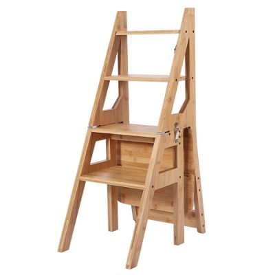 Folding Ladder Chair, Protable 4-Step Library Ladder, Convertible Folding Chair Step Stool Display Stand for Adults Office Home Kitchen Outdoor, Flower Stand (Color : Wood, Size : 47x35x90CM)