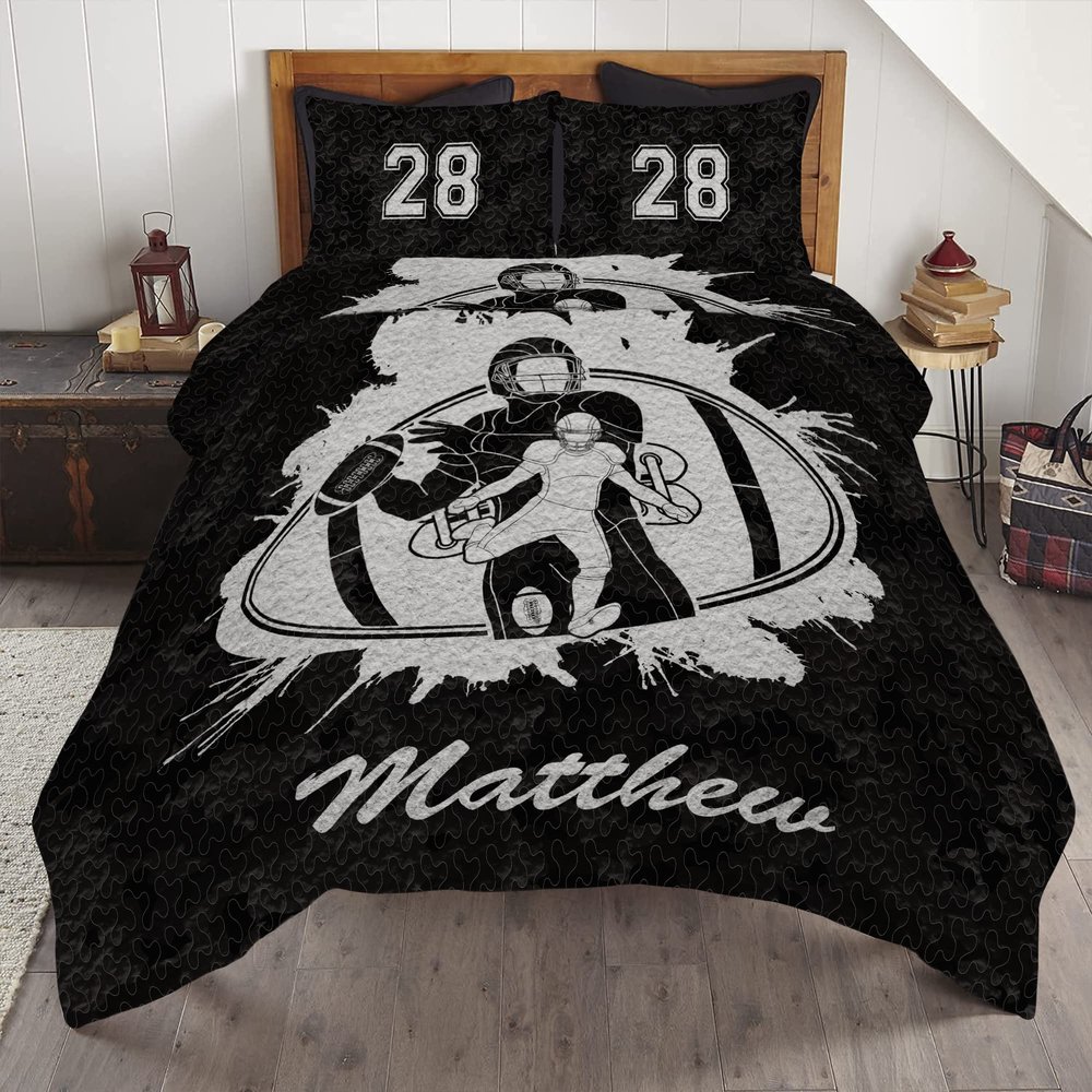 SATIGI Football Bedset for Boys, Custom Name and Number Quilt Set, Sport Quilt Full Size, Sport Print Quilt Gifts for Boys On Birthday (Football Quilt 03)