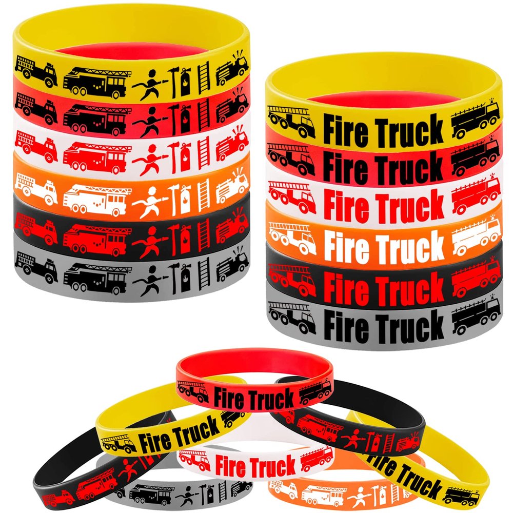 CupaPlay 48PCS Fire Truck Rubber Bracelets Silicone Wristbands -Fire Truck Theme Party Supplies Decorations Fire Car/Fireman/Racing/Safety Workers Memorial Day Birthday Baby Shower Party Favors
