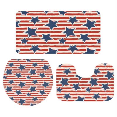 Bathroom Rugs Sets 3 Piece, Independence Day Star Vintage Red Stripe American Flag Absorbent Soft Bath Mat + U-Shaped Toilet Mat + Lid Cover Cover Bathroom Accessories