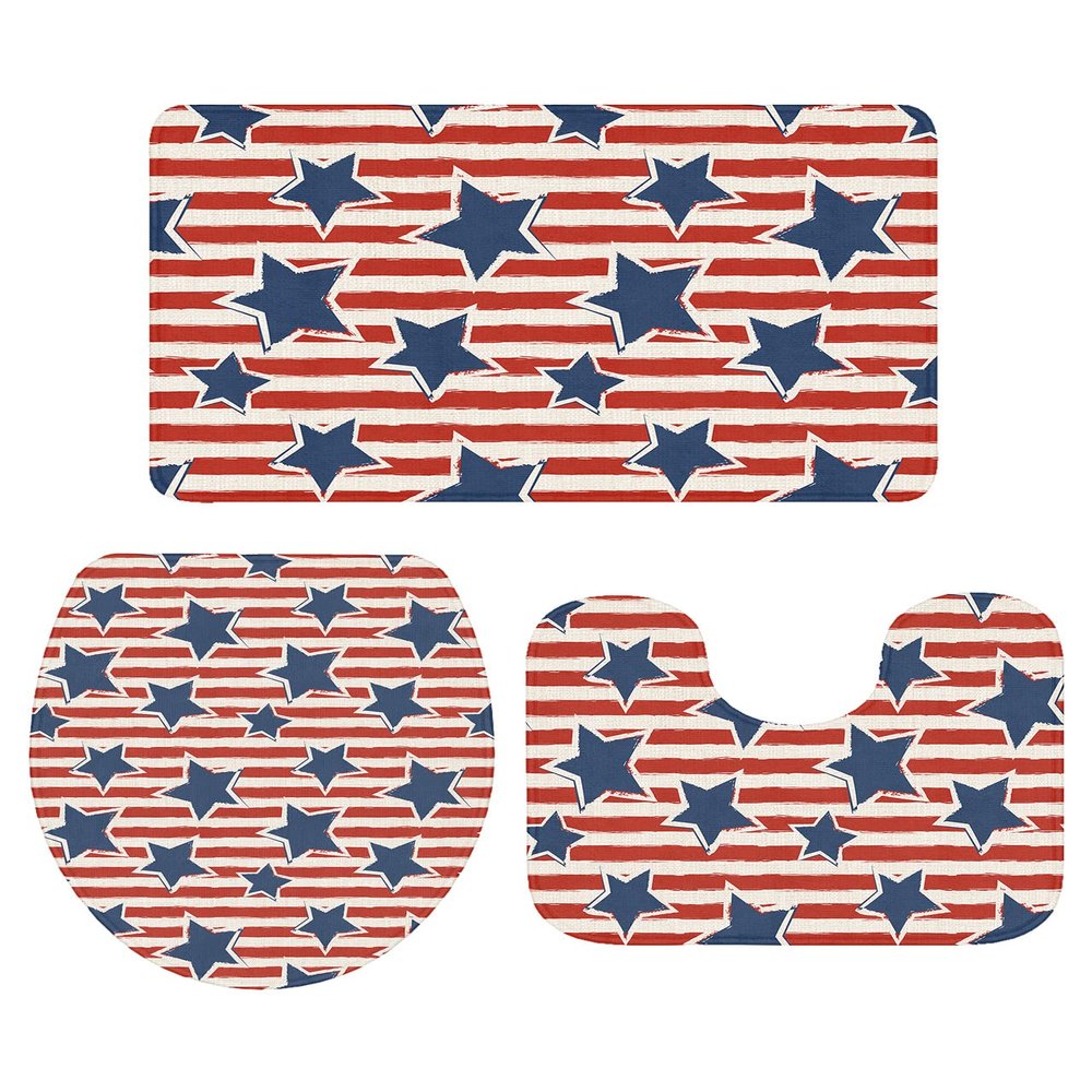 Bathroom Rugs Sets 3 Piece, Independence Day Star Vintage Red Stripe American Flag Absorbent Soft Bath Mat + U-Shaped Toilet Mat + Lid Cover Cover Bathroom Accessories