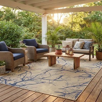 Rugs.com - Outdoor Botanical Rug 7' 1 x 10' Beige and Blue Indoor/Outdoor Rug Washable Coastal Decor for Patios, Decks, and Porches