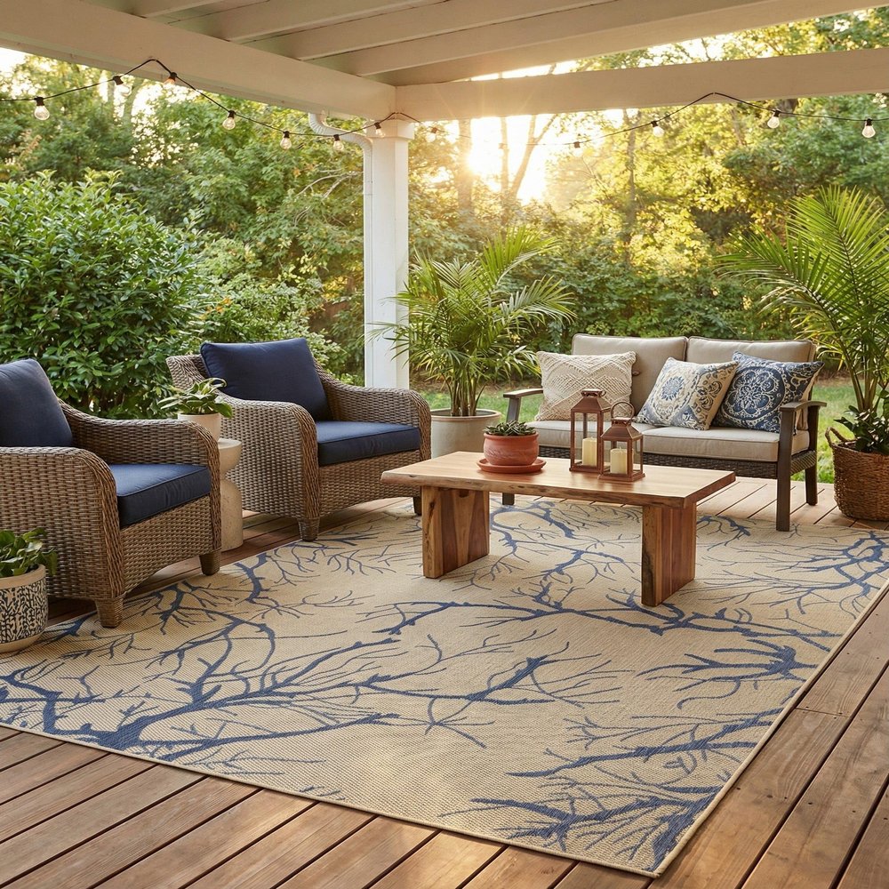 Rugs.com - Outdoor Botanical Rug 7' 1 x 10' Beige and Blue Indoor/Outdoor Rug Washable Coastal Decor for Patios, Decks, and Porches