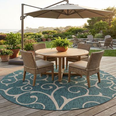 Rugs.com - Outdoor Botanical Rug 11 Ft Round Teal Indoor/Outdoor Rug Weather-Resistant Floral Design for Patios, Decks, and Porches