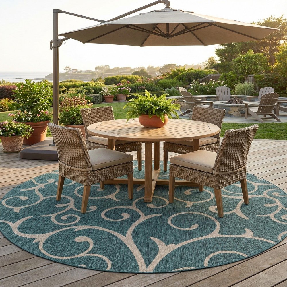 Rugs.com - Outdoor Botanical Rug 11 Ft Round Teal Indoor/Outdoor Rug Weather-Resistant Floral Design for Patios, Decks, and Porches