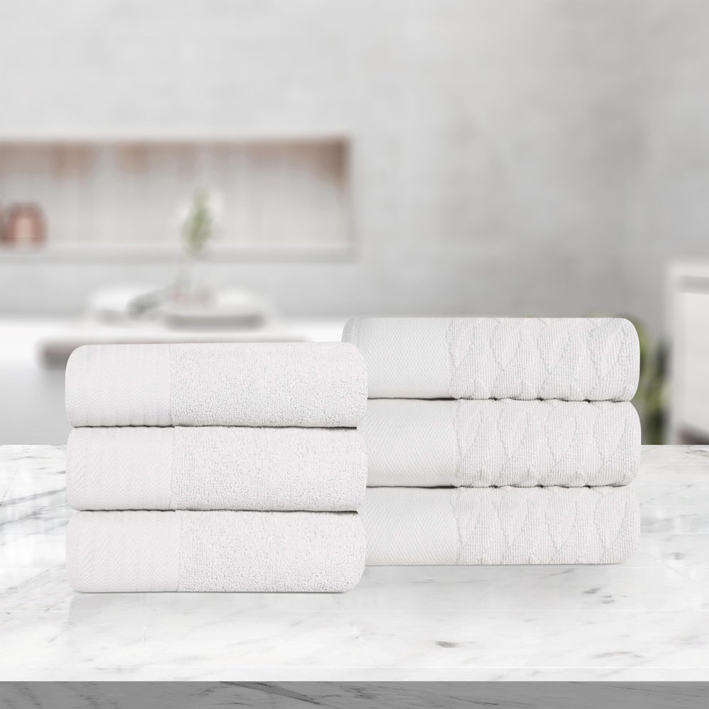 Superior Turkish Cotton Jacquard Solid 6-Piece Hand Towel Set, Small Towels for Quick Dry, Bathroom, Kitchen, Guest Bath, Dorm, Apartment, Airbnb Essentials, Accessories, Home Decor, White