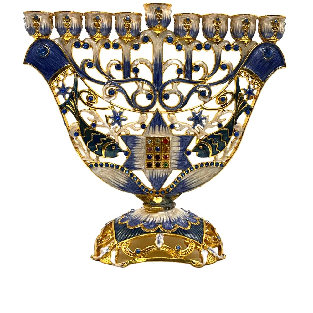Cohen Tsemach Art & Gift Menorah Hanukkah two doves priestly breastplate purple Gold & Enamel With Zircons Nine Branch Chanukia