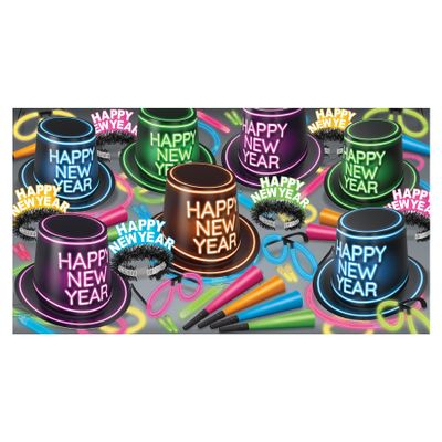 Beistle Glowing Black Light Reactive New Year's Eve Party Assortment for 50 People With Light Up Accessories, NYE Photo Booth Props And Favors
