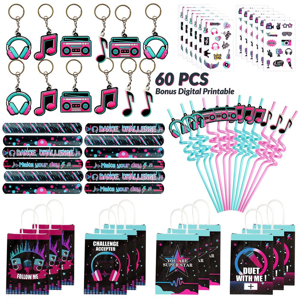 Music Party Favors Set Of 12 Treat Bag Straw Keychain Wristband Music Stickers for Boy Girl Teens Social Media Birthday Party Favors