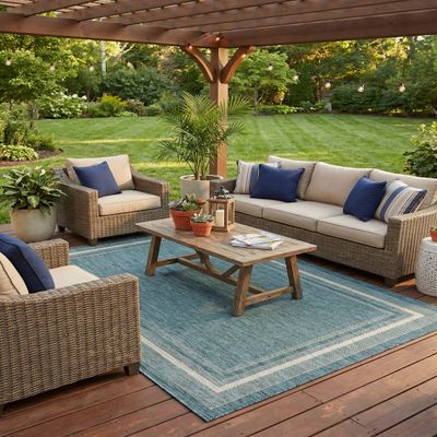 Rugs.com - Outdoor Border Rug 6' 1 x 9' Teal Indoor/Outdoor Rug Weather Resistant for Patios, Decks, and Porches