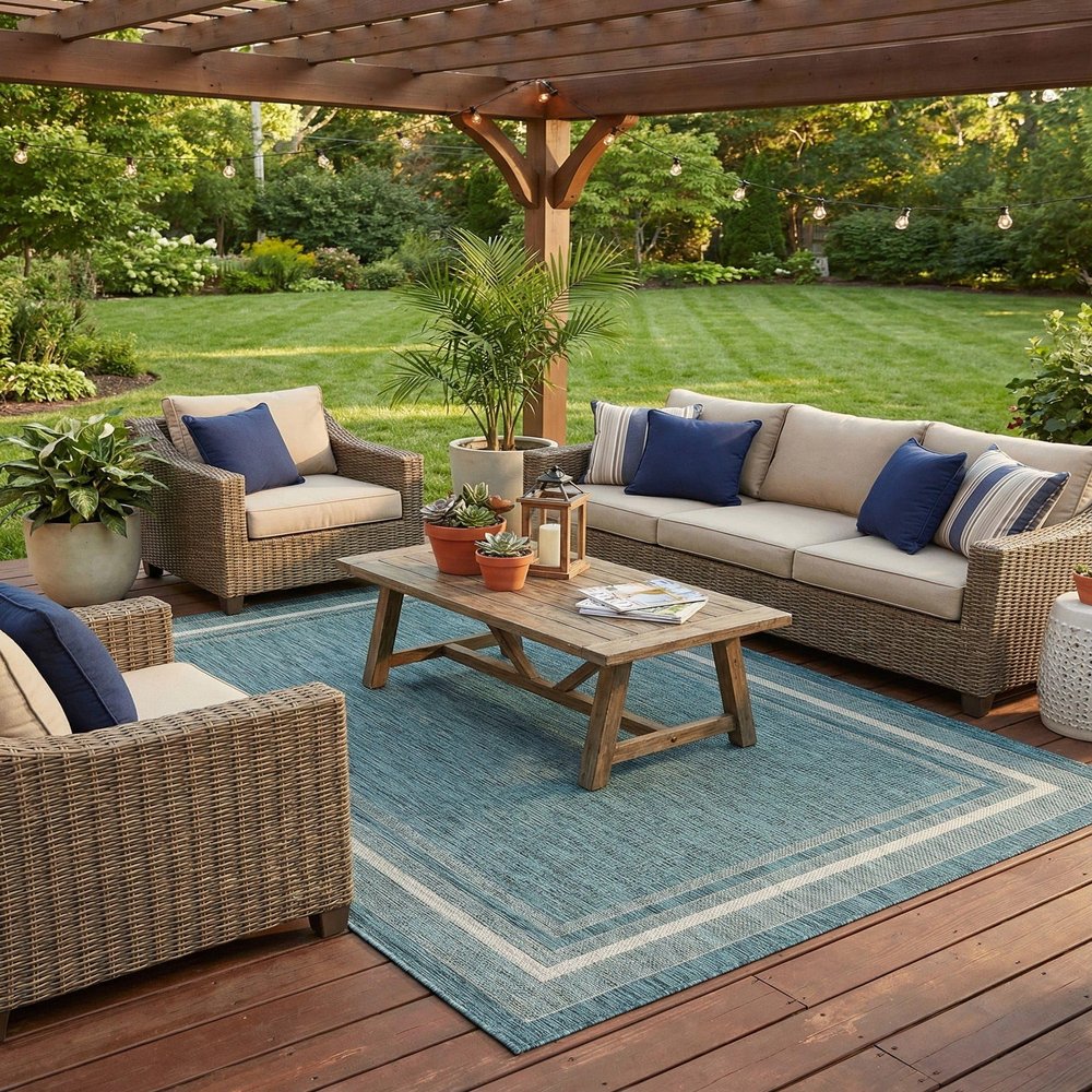 Rugs.com - Outdoor Border Rug 6' 1 x 9' Teal Indoor/Outdoor Rug Weather Resistant for Patios, Decks, and Porches