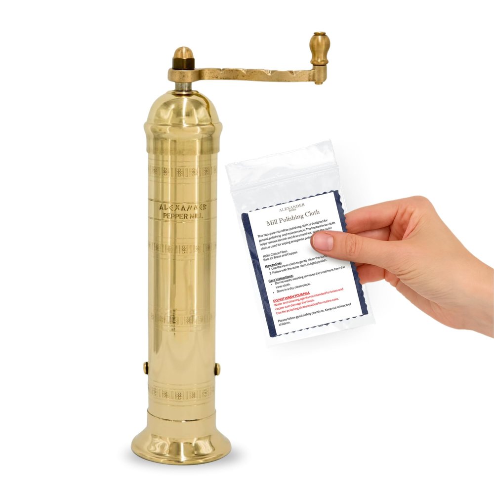 Alexander Home Original Greek Pepper Mill, 9-Inch Brass  European Manual Pepper Grinder, Refillable, with Polishing Cloth