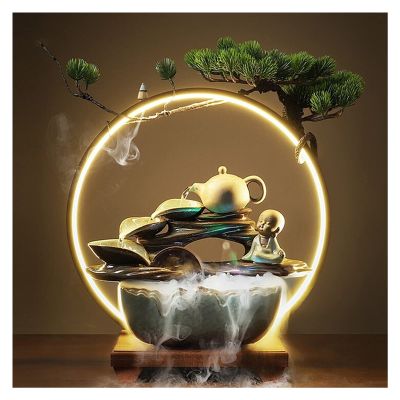 HIHELO Indoor Tabletop Waterfall Fountain Ceramic Tabletop Water Fountain Decor Zen Indoor Table-Top Water Fountain with Light LED - for Table Desk Office Home Bedroom Meditation Fountain