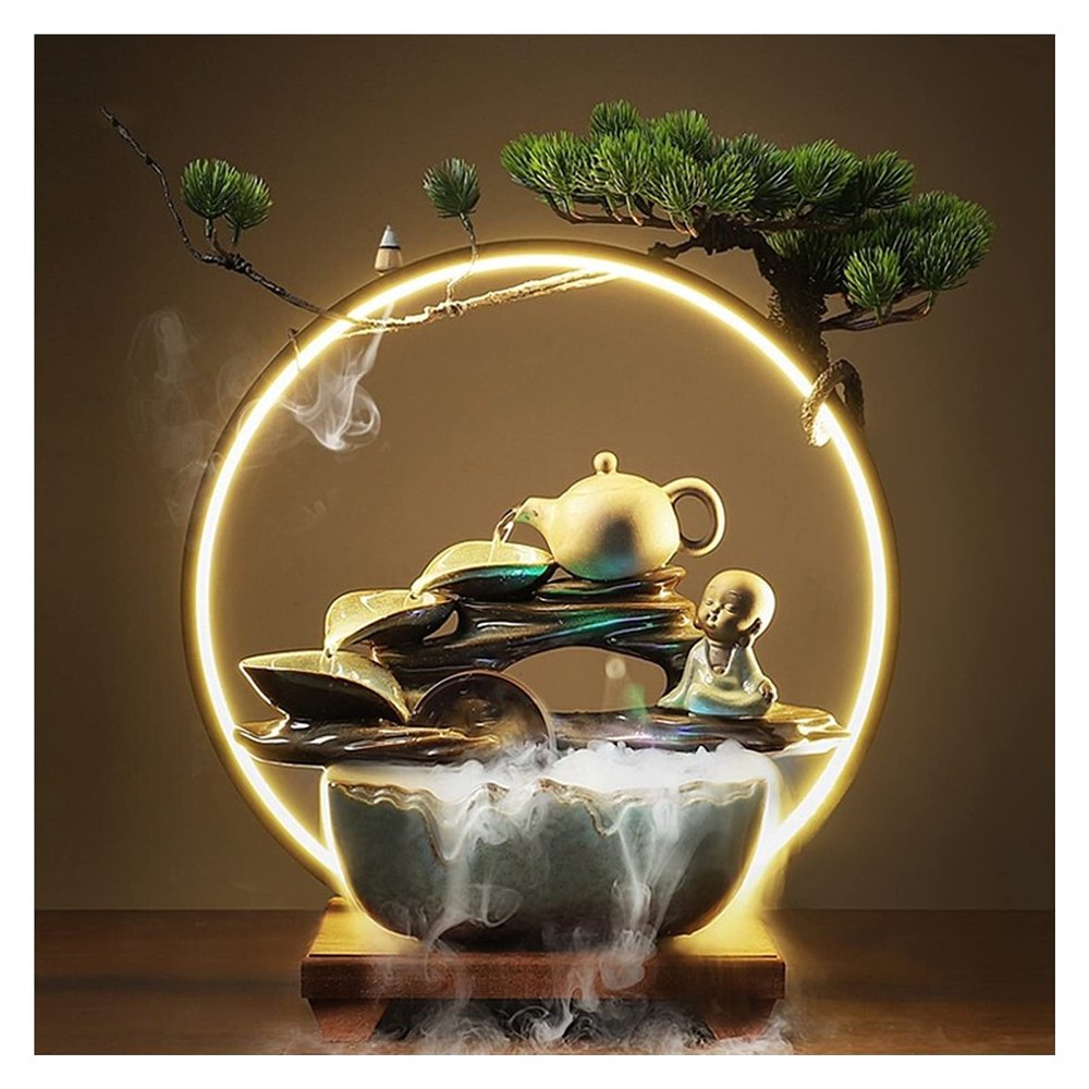 HIHELO Indoor Tabletop Waterfall Fountain Ceramic Tabletop Water Fountain Decor Zen Indoor Table-Top Water Fountain with Light LED - for Table Desk Office Home Bedroom Meditation Fountain