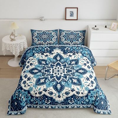 Erosebridal Oriental Bedding Sets Queen Vintage Comforter Set, Art Deco Floral Bedding Sets & Collections Boho Tribal Down Comforter Traditional Aesthetic Bed Sets, Hippie Paisley Mandala Decor Blue