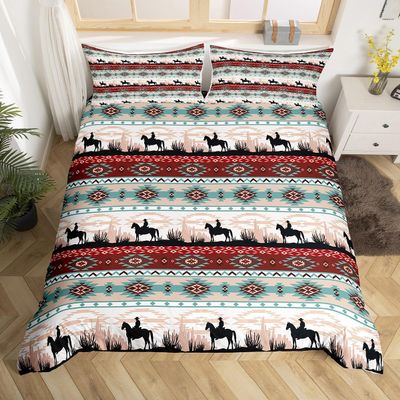 Erosebridal Cowboys Gifts for Women, Western Boho Bedding Set Full Ethnic Tribal Arrow Aztec Comforter Cover African Tribe Horse Duvet Cover Retro Geometric Exotic Western Animals Farmhouse Decor