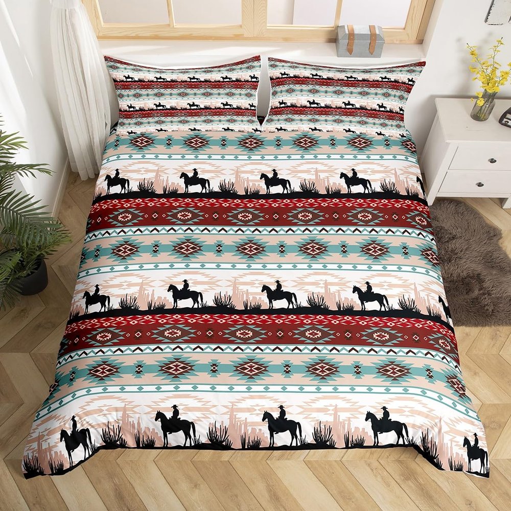 Erosebridal Cowboys Gifts for Women, Western Boho Bedding Set Full Ethnic Tribal Arrow Aztec Comforter Cover African Tribe Horse Duvet Cover Retro Geometric Exotic Western Animals Farmhouse Decor