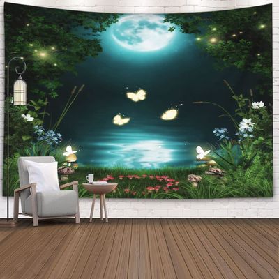 EMMTEEY Forest Tapestry Fantasy Fairytale with Flying Butterflies by an Enchanted Pond at Night in the Moonlight Wall Art 80X60 for Bedroom Teen Girl 80'' L x 60'' W
