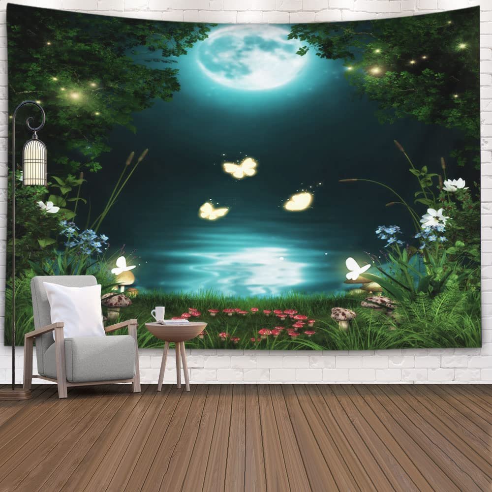 EMMTEEY Forest Tapestry Fantasy Fairytale with Flying Butterflies by an Enchanted Pond at Night in the Moonlight Wall Art 80X60 for Bedroom Teen Girl 80'' L x 60'' W
