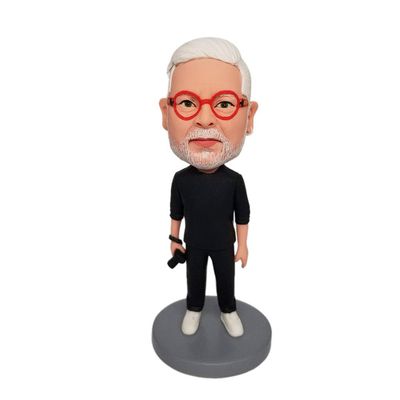 Custom Photographer Man Bobblehead - Personalized Creative Figurine for Men, Made from Your Photo, Male Photographer in Black Suit, Handmade Clay Gift for Photography Office Home Decor Collectible
