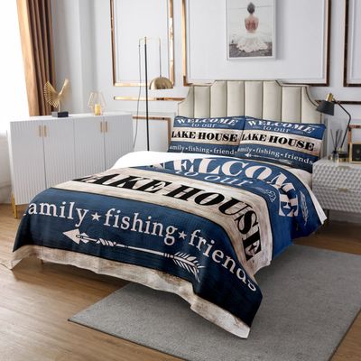 3 Piece Lake House Quilt Bedding Set Women Aldult Lightweight Bedding Rustic Farmhouse Bedspread Set Navy White Wood Bedspread Coverlet Soft Microfiber Home Quilt Set for King Bed All Season