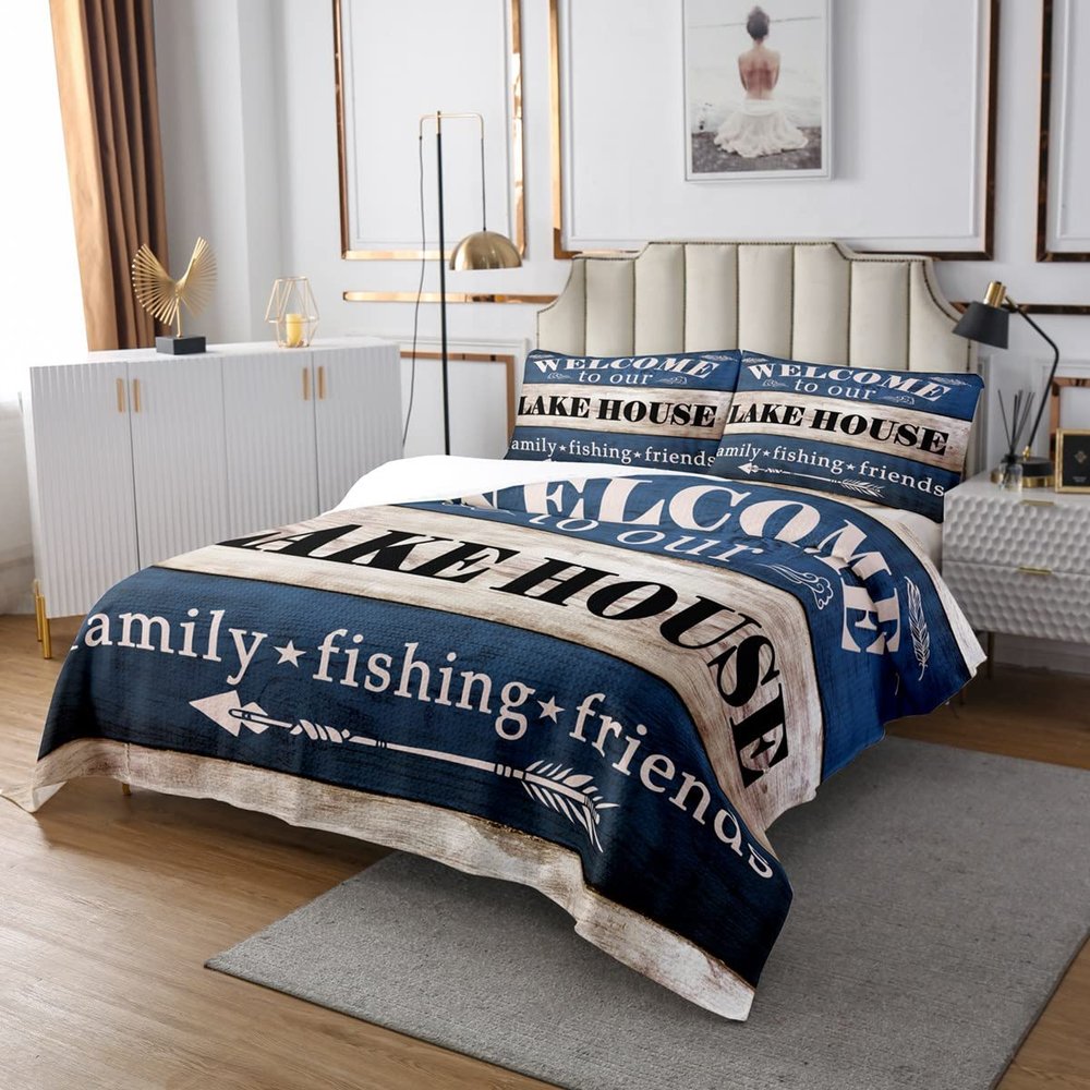 3 Piece Lake House Quilt Bedding Set Women Aldult Lightweight Bedding Rustic Farmhouse Bedspread Set Navy White Wood Bedspread Coverlet Soft Microfiber Home Quilt Set for King Bed All Season