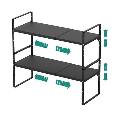 SUZLON Expandable Cabinet Shelf Organizer Rack, Stackable Kitchen Counter Storage Shelves Stand, Adjustable Height Pantry Shelf Spice Rack, Heavy Duty Nonslip Black Large 2Pack