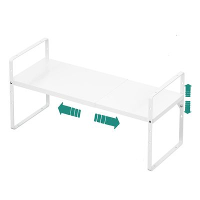 SUZLON Expandable Cabinet Shelf Organizer Rack, Stackable Kitchen Counter Storage Shelves Stand, Adjustable Height Pantry Shelf Spice Rack, Heavy Duty Nonslip White Large 1Pack