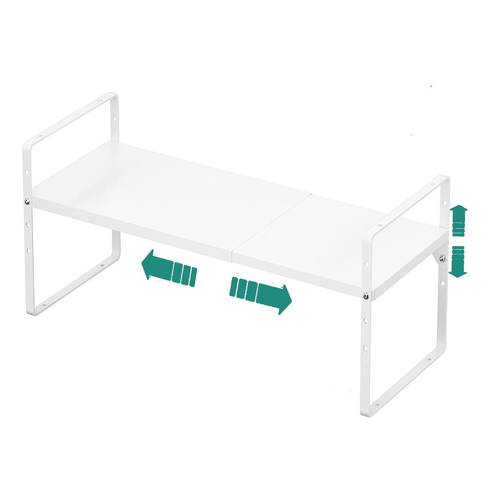 SUZLON Expandable Cabinet Shelf Organizer Rack, Stackable Kitchen Counter Storage Shelves Stand, Adjustable Height Pantry Shelf Spice Rack, Heavy Duty Nonslip White Large 1Pack