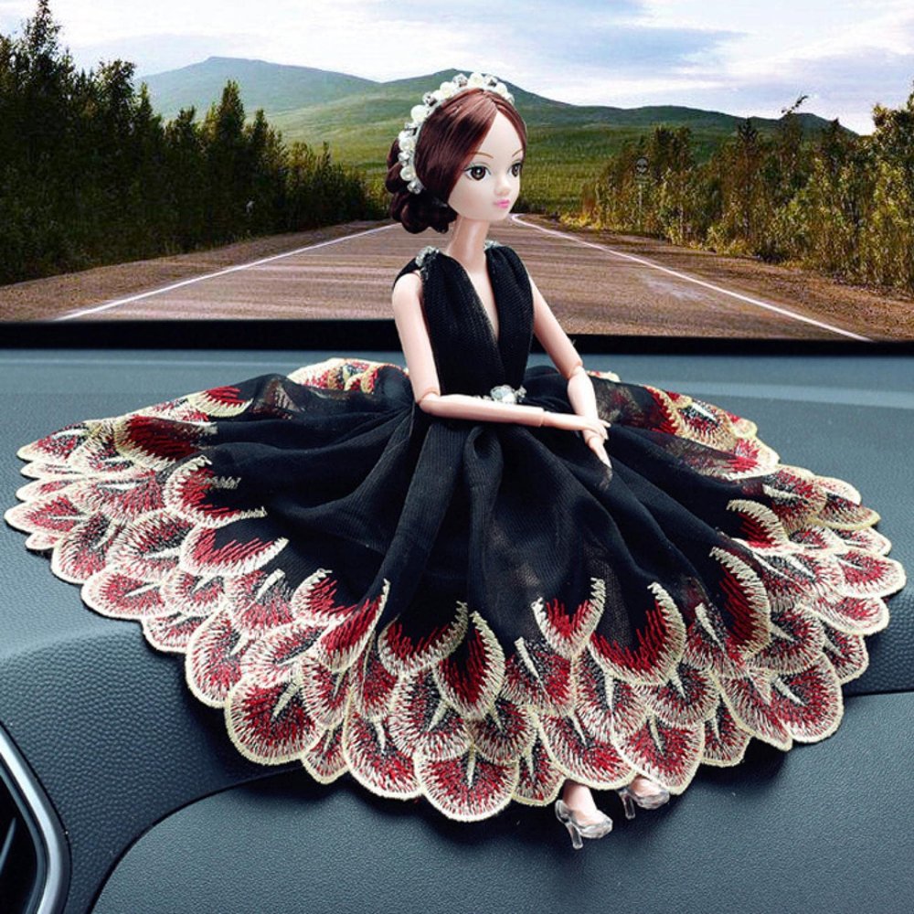 VEYEBZ Car Ornaments Wedding Cartoon Doll Handmade Ornaments Black Peacock Dress