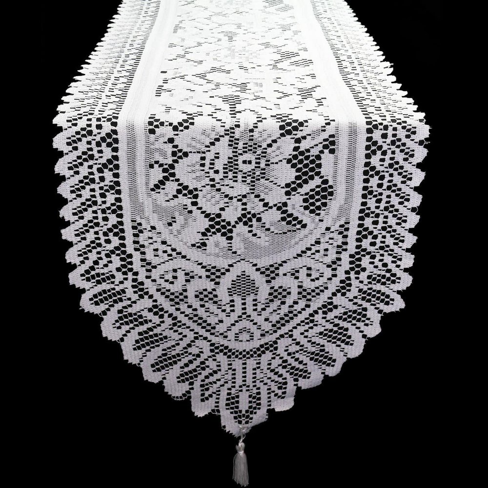 13 x 108 Inch Crochet Lace Table Runners for Weddings (White)