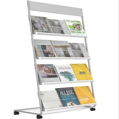 TONGMO Floor-Standing Magazine Rack 4-Layer with Wheels, Brochure Display Stand, High-hardness metal for Exhibitions, Office, and Any Organization Requiring Information Display (Silver)