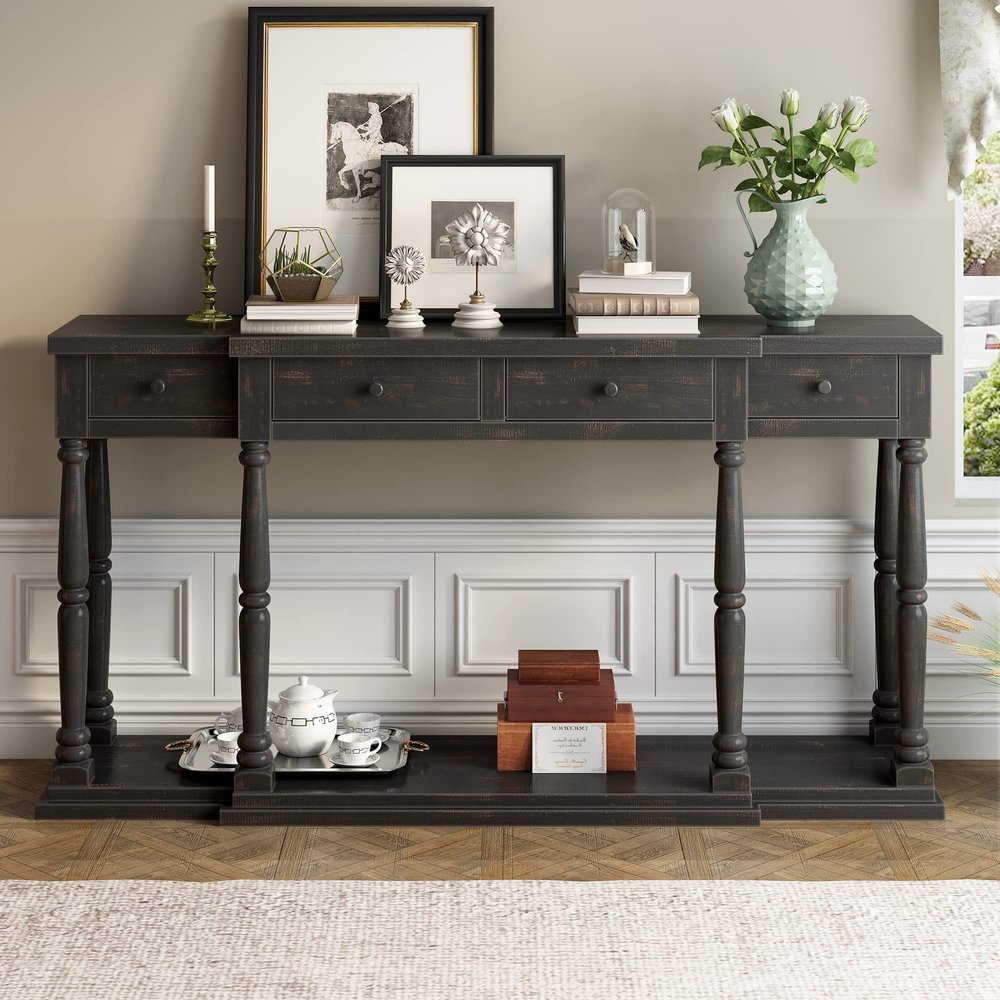 Quarte Versatile Rustic Console Table with 4 Front Facing Storage Drawers and 1 Bottom Shelf,Suitable for Hallway Living Room Bedroom Use (Antique Black@t)