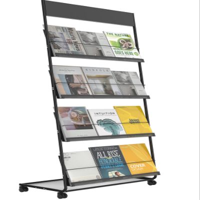 TONGMO Magazine Rack: Floor-Standing 4-Layer with Wheels, Brochure Display Stand, High-hardness metal for Exhibitions, Office, and Any Organization Requiring Information Display(Black)