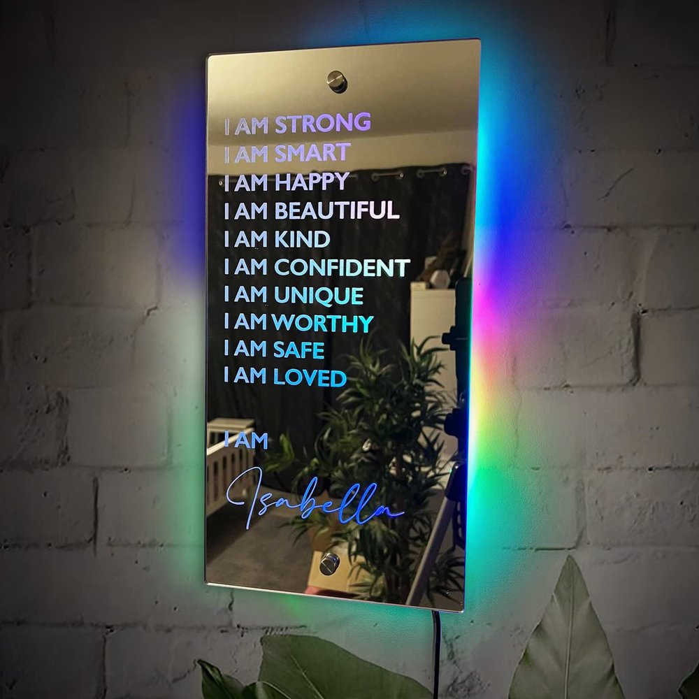 FERATORS Personalized Affirmations LED Neon Light I Am Mirror Custom Name Light Up Mirror Bedroom Wall Decor