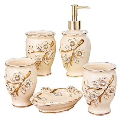 Beige Ceramic Bathroom wash Suit, 5pcs Set Tooth Mug Lotion Dispenser Soap Dish Tumbler Cup,Wash Rack Bathroom Wash Set Bathroom Suit