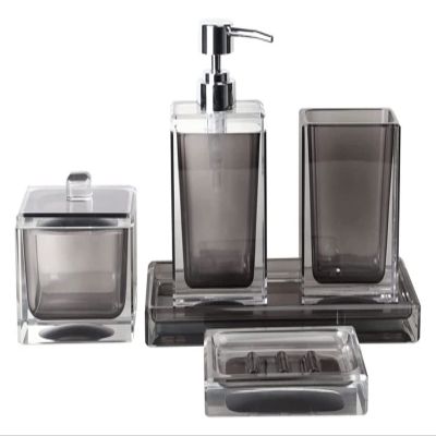 Gray Translucent Bathroom Accessories Set,Resin Bathroom 5-Piece Set Tray Soap Dish Soap Dispenser Storage Box Cup,Light Luxury Home Decoration