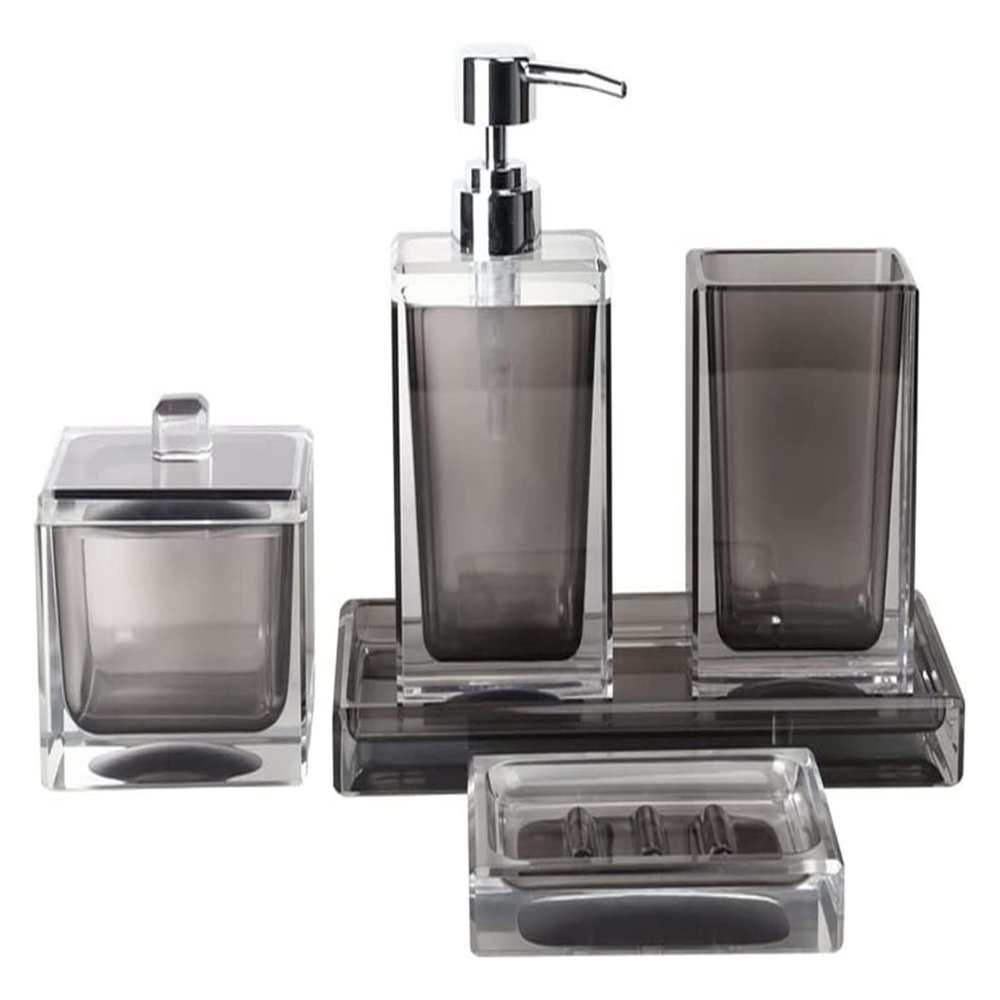 Gray Translucent Bathroom Accessories Set,Resin Bathroom 5-Piece Set Tray Soap Dish Soap Dispenser Storage Box Cup,Light Luxury Home Decoration