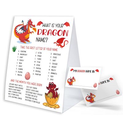 What's Your Dragon Name Game Sign with Name Tag Stickers for Baby Shower, Baby Shower Decorations, Birthday Party Game, Baby Shower Games Fun for Adults & Kids Family Class Office Activity PTWYN06