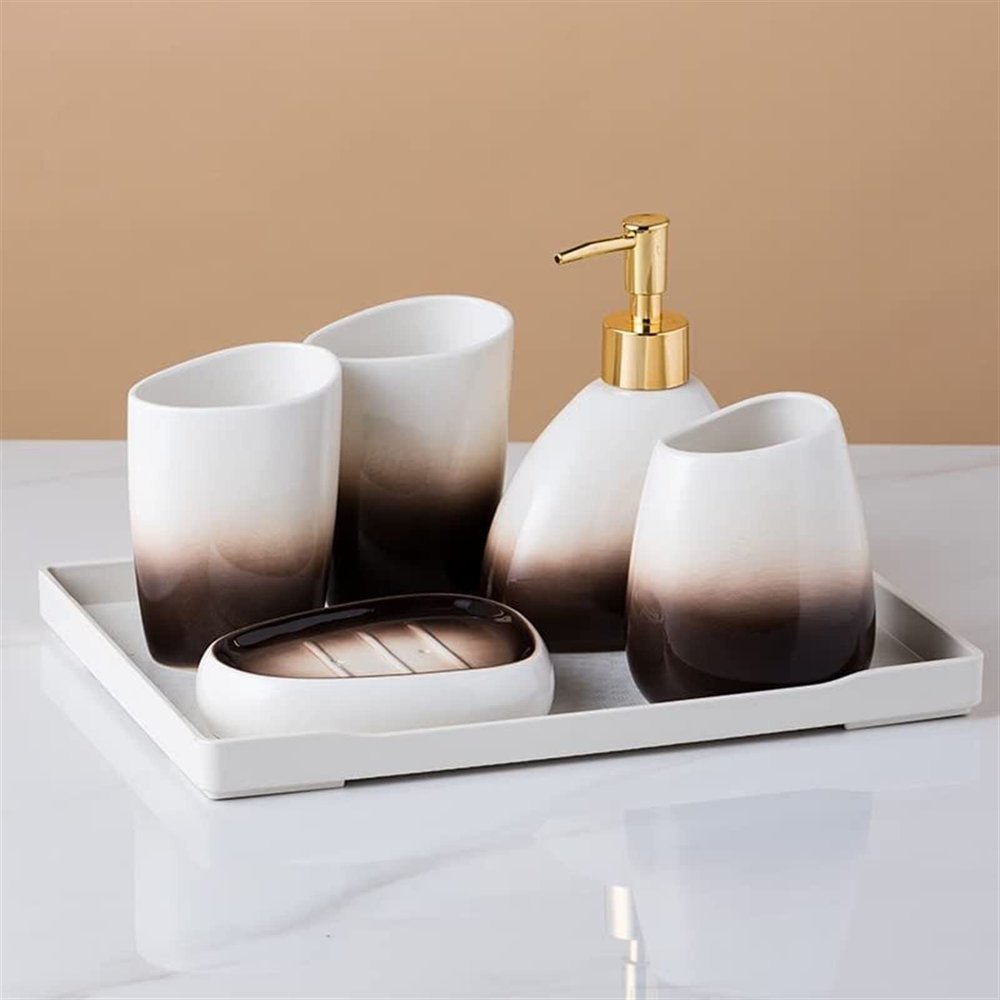 LIPPSY Bathroom Ceramic Accessory Set,Includes Toothbrush Holder Mouthwash Cup Mug Soap Dispenser Soap Dish Tray for Bathroom Vanity Sink (Color : C)