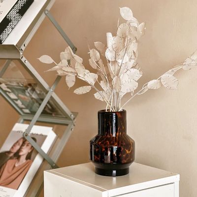 Amber Glass Vase, Decorative Flower Vases for Home Office Wedding Decor, Modern Unique Vase for Table Centerpiece Book Shelf Living Room Housewarming Gift, Tortoise Shell Decor