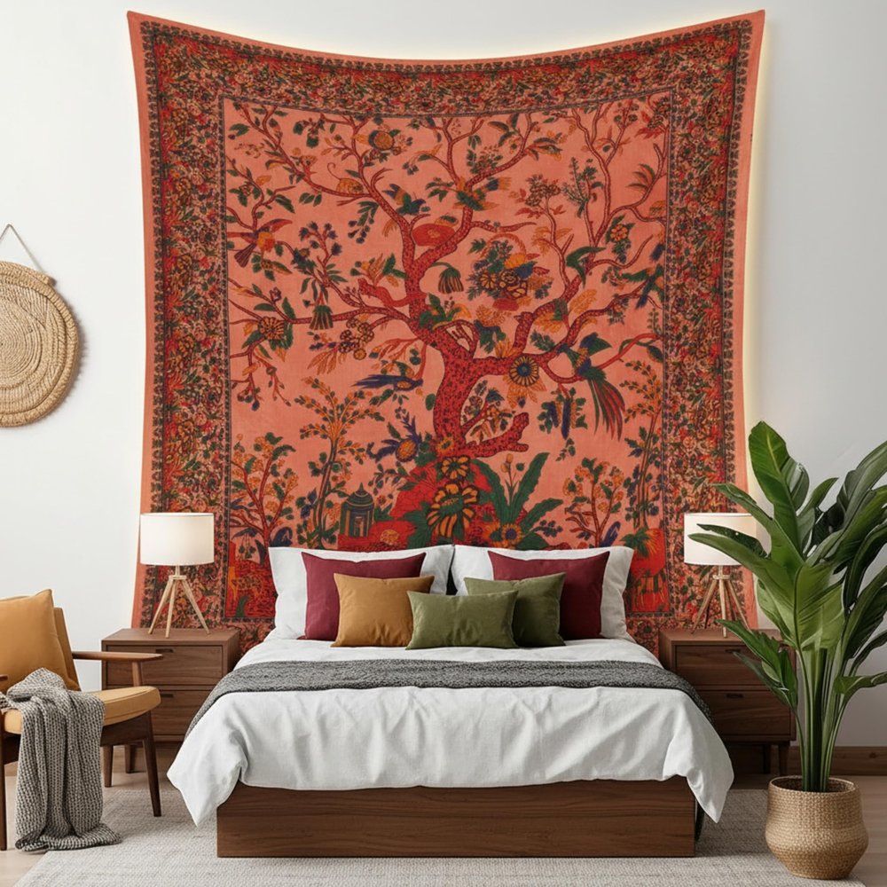 Craft Trade Indian Cotton Mandala Wall Hanging Tree of Life Tapestry for Aesthetic Boho Hippie Living Room, Meditation & Bedroom Dcor (Orange, 84x90 Inches)