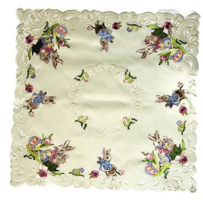 Doily Boutique Easter Tablecloth with Easter Bunny and Eggs on Ivory Material Size 34 x 34 inches