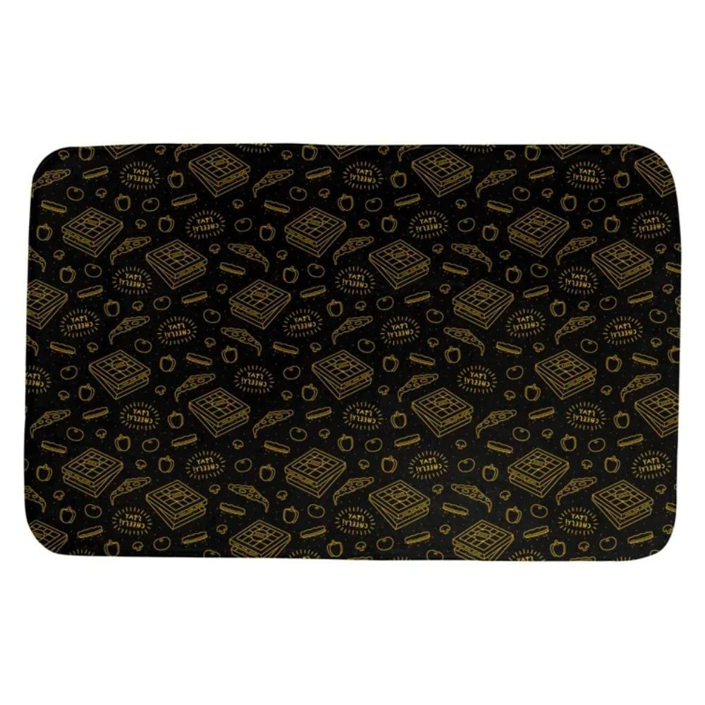 Black and Yellow Bath Rugs for Bathroom Non Slip Backing with Cute Pizza Print | Soft Foam Cushion Mat, Rectangle Shape with Reinforced Edges | Elegant Artwork, Machine Washable | Size: 21" W x 34" L