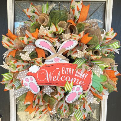 Every Bunny Welcome Carrot Deco Mesh Front Door Wreath, Spring Decor, Rabbit Decoration, Polka Dot & Plaid