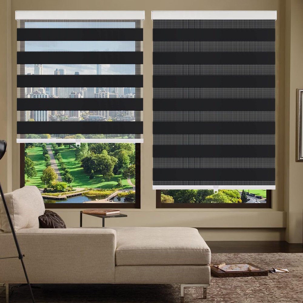 Zebra Roller Shades, Zebra Blinds for Windows,Custom Size Cordless Blackout Zebra Blinds,Dual Layer,Privacy Light Control for Day and Night,Window Blinds for Room,Office,Black,26" W x 40" H