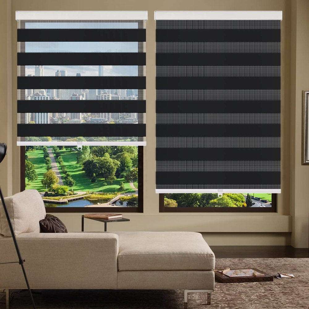 Zebra Roller Shades, Zebra Blinds for Windows,Custom Size Cordless Blackout Zebra Blinds,Dual Layer,Privacy Light Control for Day and Night,Window Blinds for Room,Office,Black,55 1/4" W x 72" H